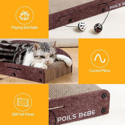 Poils Bebe 26 Inch Sofa Cat Scratcher, Small Cat Scratcher Cardboard with Bell Balls, Durable Couch Lounger for Indoor Cats, Cat Scratch Furniture Protector with Catnip, Cat Toys