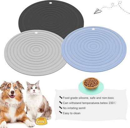 3 Pieces Silicone Pet Food Mat Feeding Mat for Dog and Cat Bowl Placemat Preventing Food and Water Overflow Suitable for Medium and Small Pet(7.1 Inch,Blue, Gray, Black)