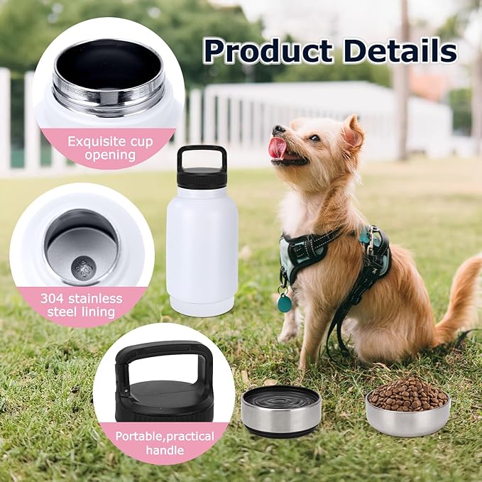Dog Travel Water Bottle, 3 in 1 Stainless Steel Insulated Dog Water Bottle for Dogs, Portable Travel Dispenser with 2 Removable Bowls for Walking, Hiking, Camping, Outdoor (White, 32OZ)