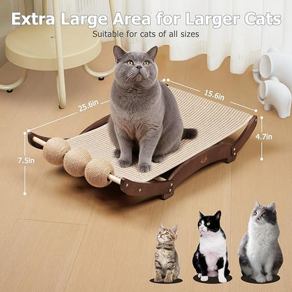 Extra-Larger Sisal Cat Scratcher Bed with Ball, 3-in-1 Cat Scratching Pad with Hammock, Natural Sisal with Solid Wood Frame Cat Scratch Post for Indoor Cats Lounger & Sleep & Scratch (Walnut)