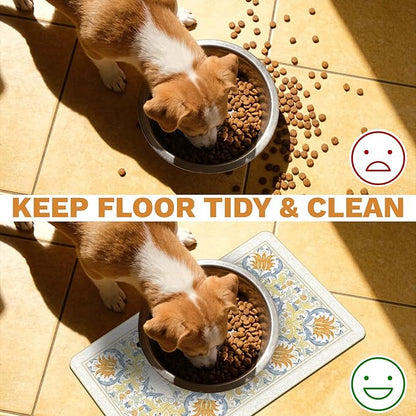 Pet Dog Cat Food Mat, Absorbent Dog Bowl Mats for Food and Water, Non Slip Boho Dogs Cat Placemats Feeding Mat for Floors Indoor Puppy Pet Accessories Supplies 17 * 30 inch, Khaki