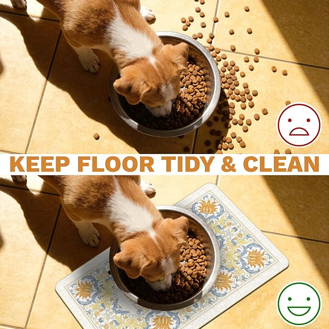 Pet Dog Cat Food Mat, Absorbent Dog Bowl Mats for Food and Water, Non Slip Boho Dogs Cat Placemats Feeding Mat for Floors Indoor Puppy Pet Accessories Supplies 12 * 20 inch, Khaki
