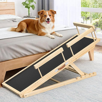 55.11" Adjustable Dog Ramp for Bed - Upgraded Wooden Pet Ramp with Non-Slip Silicone Surface and Side Rails, 6 Height Settings (19.68-27.55"), Holds Up to 250lb, Pet Stairs for Senior & Large Dogs