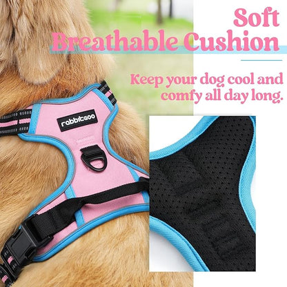 rabbitgoo Dog Harness No Pull with 2 Leash Clips, Adjustable Soft Padded, Reflective Oxford No Choke Pet Vest with Easy Control Handle for Large Dogs, Pink & Blue, L