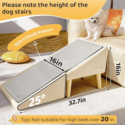 Dog Stairs for Small Dogs and Cats 16" H - with Encrypted Dot-Grip Non-Slip Surface, 2-in-1 Pet Ramp & Steps for Bed/Couch, Foldable Split Ottoman with Solid Wood Frame, Sturdy & Portable for Puppies