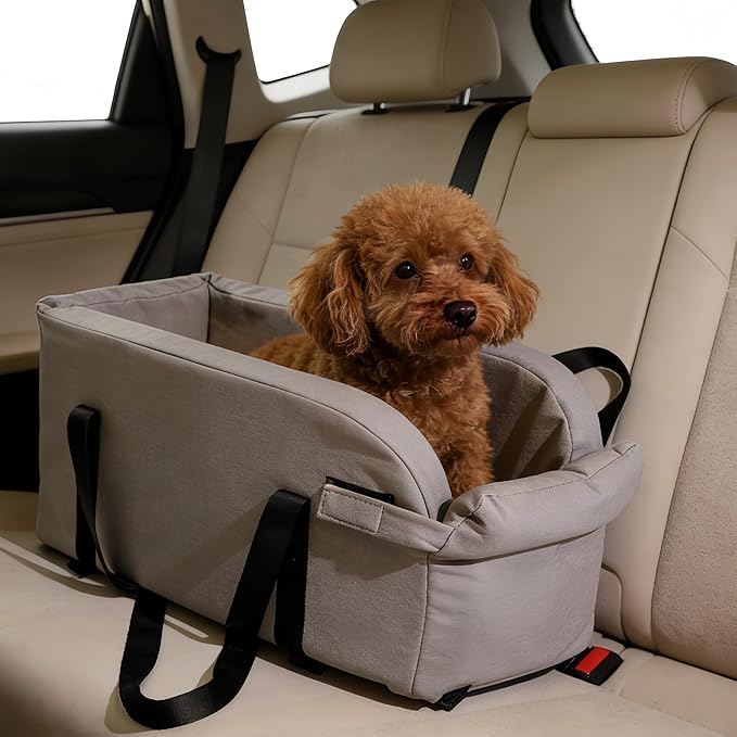 Waterproof Faux Leather Center Console Dog Car Seat, 2-in-1 Portable Puppy Carrier & Armrest Booster Seat for Small Dogs, Easy-to-Clean Tech Fabric, Sturdy Cushioned, Anti-Collapse Walls, Under 11 lbs
