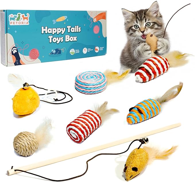 Natural Cat Toys Set, Eco-Friendly Interactive Toys with Feather Mice, Fiber Balls, Wand & Teething Toys | Gift for Cats & Kittens