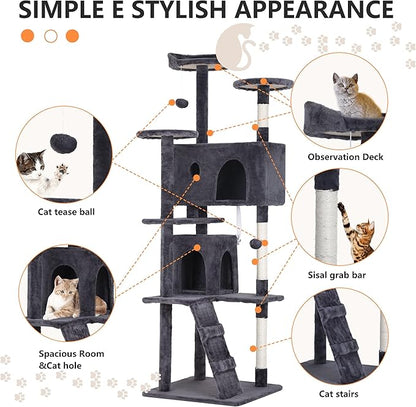 BestPet | 70" Cat Tree Tower | Ashy | Sturdy, Easy to Assemble, Multi-Level Activity Center with Sisal Scratching Posts, Condos, Perches, Hanging Cat Toys, Observation Decks & Ladder