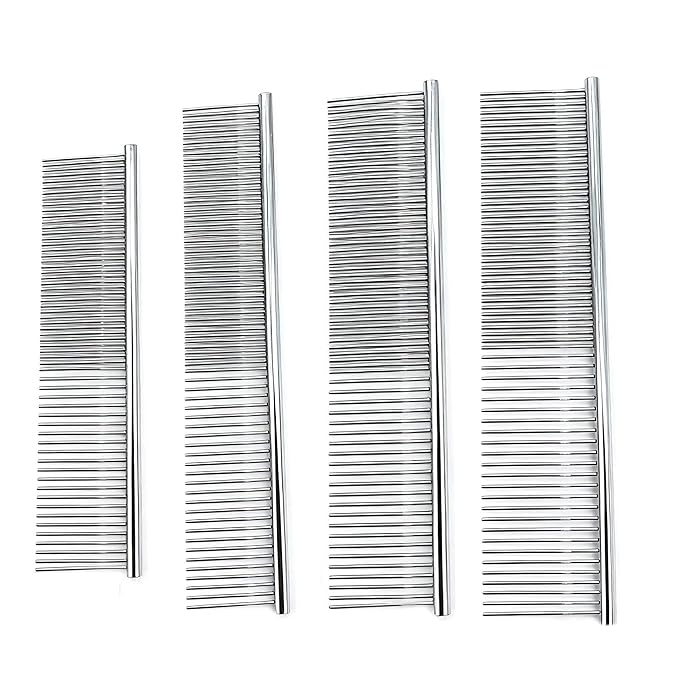 Metal Comb for Dogs - Stainless Steel Dog Grooming Comb Set, 4 Pack Pets Flea Remova Tool - 6.3IN/7.4IN