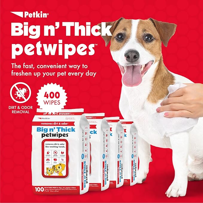 Petkin Pet Wipes for Dogs and Cats - 400 Large Wipes - Removes Dirt & Odor - Cleans Ears, Face, Butt, Eye Area - Convenient for Home or Travel - 4 Packs.