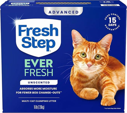 Fresh Step Advanced Ever Fresh Multi Cat Clumping Cat Litter, Unscented, Low Dust, Odor Control with Ammonia Block Tech, Compatible in Automatic Litter Boxes, 32 lb. (2 x 16 lb.)