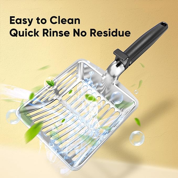 Metal Cat Litter Scoop, Large Cat Scooper with Deep Shovel & Dual Sifting Holes for Fast & Precise Sifting, Space Aluminum Kitty Litter Scooper with Long Handle & Easy-to-Hang Hook - Black