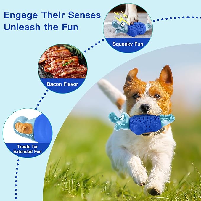 Dog Chew Toys for Aggressive Chewers, Tough Squeaky Dog Toy for Large Medium Dogs, Bacon Flavor Nylon & Natural Rubber, Dental Care Interactive Dog Toys to Reduce Boredom, Royal Blue