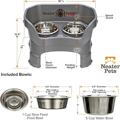 Neater Feeder Deluxe Mess-Proof Elevated Dog Bowls for Medium Dogs (19–40 lbs), 2 Height Adjustable (10” & 12.5”) No-Spill Raised Dog Bowl Stand w/Slow Feed Bowl for Food, Made in USA, Grey