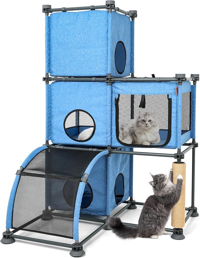 Large Cat Hamock Bed with Scratching Post – Multi-Level Cat Tree with House Condos & Ladder for Indoor/Outdoor Use+Blue/Three-Tier