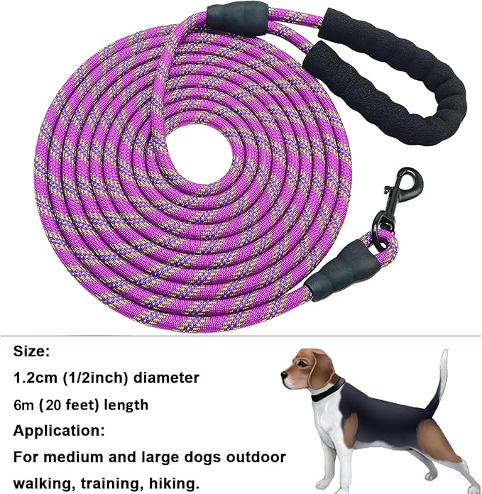 MayPaw Heavy Duty Rope Dog Leash, 6/8/10/15/20/30 FT Long Dog Lead Nylon Pet Leash, Soft Padded Handle Thick Lead Training Leashes for Large Medium Dogs (20ft * 1/2", Purple)