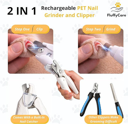 2-in-1 Dog Nail Clippers & Cat Nail Clipper with 2 LED Lights, USB Rechargeable with Safety Guard, Low Noise Grooming Tool for Small, Medium, and Large Dog & Cat Nail Trimmer(White)