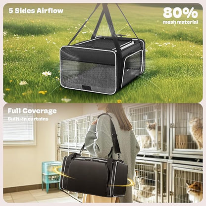 Top and 2 Sides Expandable Cat Carrier 18x13.5x9.5, TSA Airline Approved Dog Carriers for Small Dogs, Soft-Sided Pet Carrier with Self-Locking Zippers for Kitten,Rabbit,Puppy, Black White