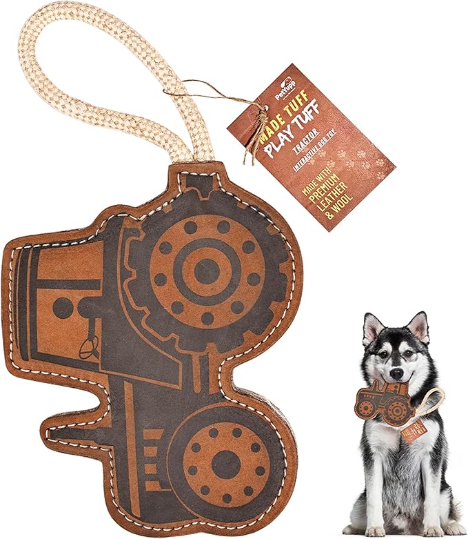 Tractor Leather Chew Toy for Aggressive Chewers - Extra Thick Wool, Stitched & Real Leather Dog Toy for Small, Medium & Large Dogs - Durable & Safe Chew Toys for Puppies