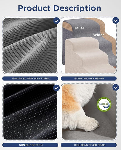 Gray Curved Dog Stairs Ramp for High Beds 22.8" H, 4-Step Dog Steps for Small Dogs and Cats, Pet Stairs for High Bed Climbing, Non-Slip Balanced Pet Step