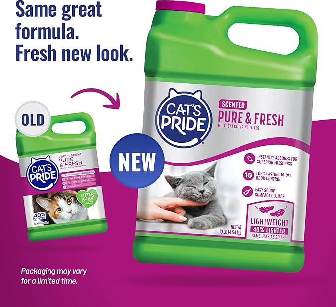 Cat's Pride Premium Lightweight Clumping Litter: Pure & Fresh - Up to 10 Days of Powerful Odor Control - Multi-Cat, Scented, 10 Pounds