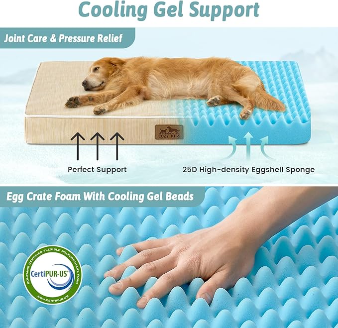 Large Orthopedic Dog Bed, Cooling Dog Beds for Large Dogs, Washable Pet Bed with Waterproof Liner, 44x32x4in,Beige
