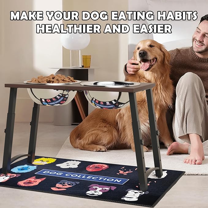 Elevated Dog Bowls with Spill-Proof Mat, 4 Adjustable Heights (for Large & Extra Large Breeds), Includes Two 3000ML Stainless Steel Bowls for Food & Water