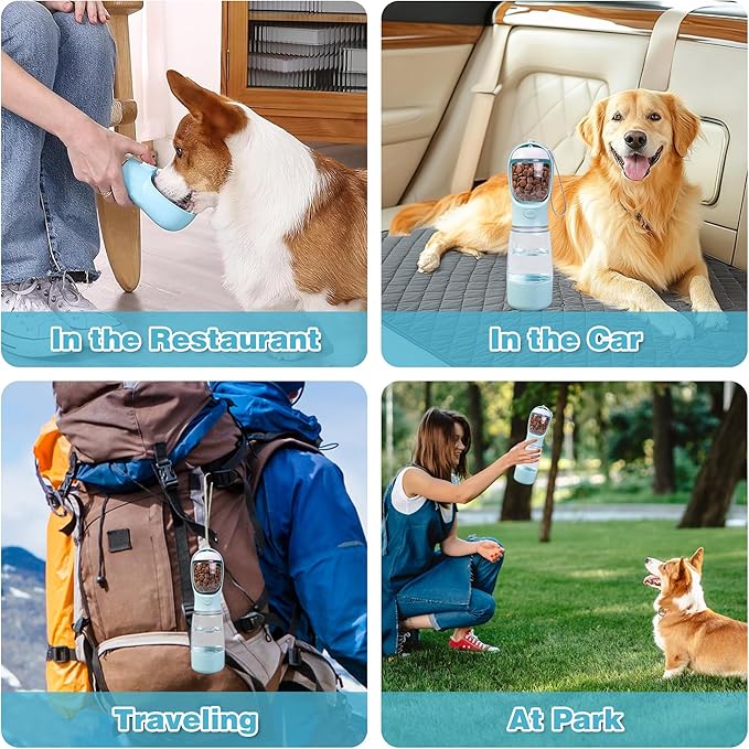 Dog Water Bottle with Food Storage & Poop Bag Dispenser - 3-in-1 Portable Pet Water Bowl for Hiking, Walking, and Travel - Ideal for Small to Large Dogs Blue