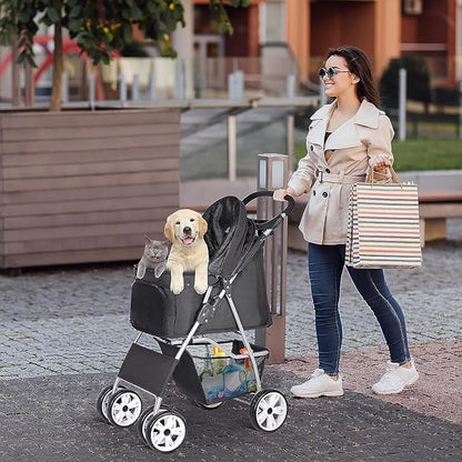 ZENY Foldable Pet Stroller, Cat/Dog Stroller with 4 Wheel, Pet Travel Carrier Strolling Cart with Storage Basket, Cup Holder (Black)