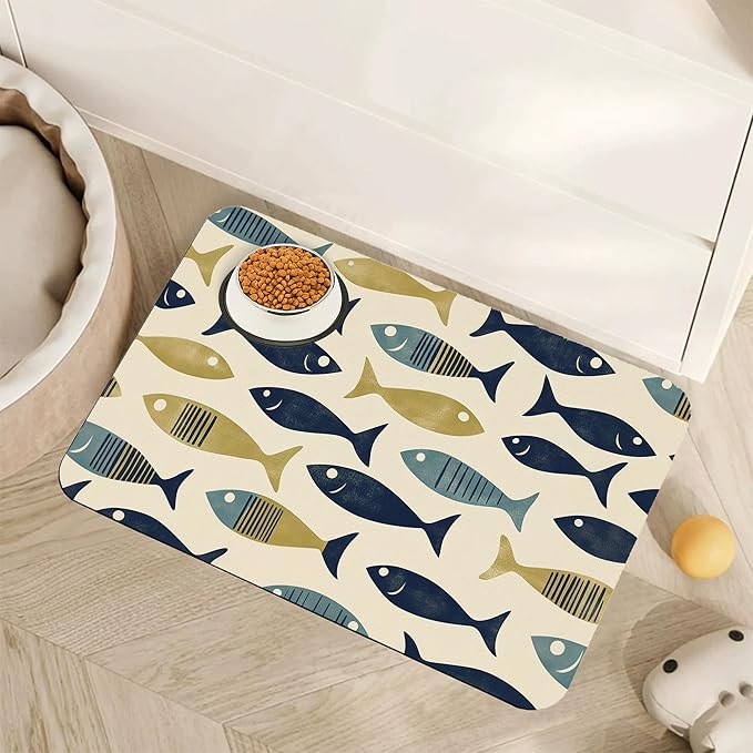 Fish Boho Dog Food Mat for Floors,Ocean Absorbent Quick-Dry Pet Feeding Mat,Cat Dog Bowl Mats for Food and Water,Non-Slip Pet Accessories Supplies 12"x20"