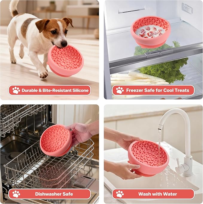 Dog Lick Bowl Slow Feeder with Slanted Anti-Spill Design, Extra-Thick Bite-Resistant Rim, Strong Suction Base, Freezer Safe for Frozen Treats — A Cleaner Alternative to Lick Mats for Dogs (Coral)