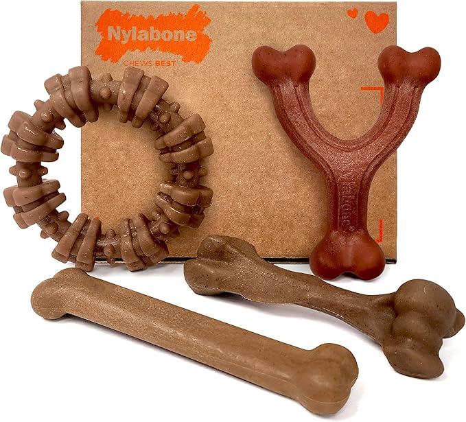 Nylabone Strong Chew Dog Toy 4-Pack Made with Real Bacon, Bison, Venison, Beef, & Chicken, Durable Chew Toys for Aggressive Chewers, Long Lasting Dog Bone, Large Breeds - Up to 50 lbs, 4 Count
