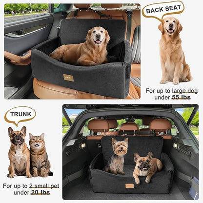 JOEJOY Dog Car Seat for Large Medium Sized Dogs Under 55 lbs, Dog Booster Seat for 2 Small Dogs with Detachable Washable Cover, Memory Foam Pet Car Seat with 2 Safety Belts and Storage Pockets