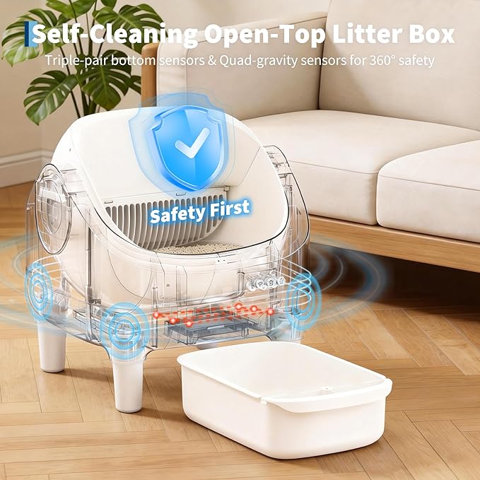 Self Cleaning Litter Box, Automatic Cat Litter Box with APP Control, Odor-Free Waste Disposal Includes Trash Bags, Large Waste Bin, Open-Top, for Multiple Cats, White