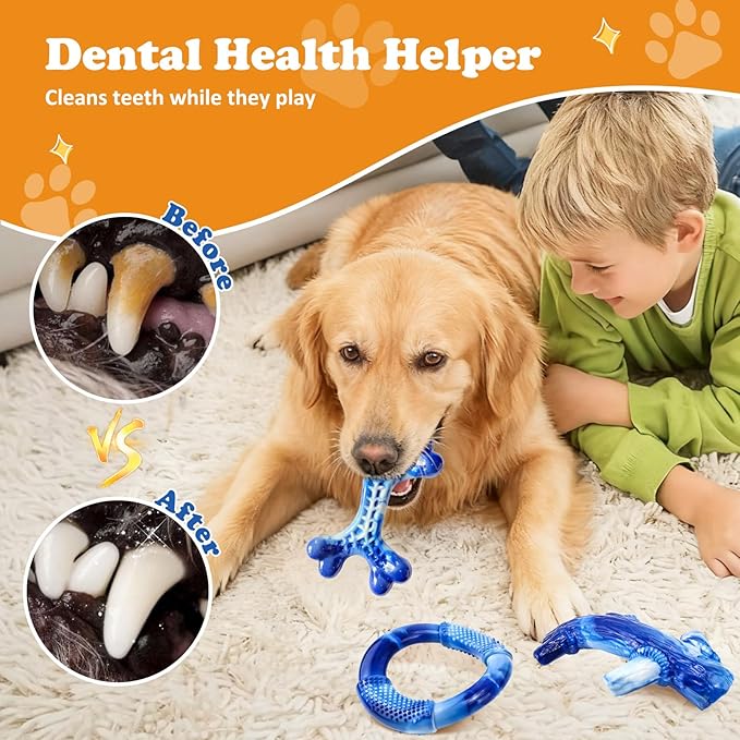 Furdog Indestructible Dog Toys for Aggressive Chewers 3 Pack, Tough Dog Toys for Large Dogs Chew Toys Keep Them Busy, Bacon Flavor, Blue