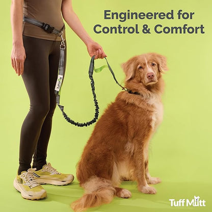 Tuff Mutt Hands Free Dog Leash for Walking Running Hiking, Waist Leash with Bungee, Adjustable Belt, Reflective Double Handle Design for Large Medium Dogs