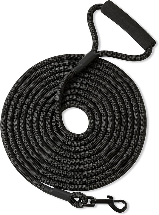 Mile High Life Long Dog Leash, with Comfortable Padded Handle, Black Nylon Rope Leash with Steel Tips, Heavy Duty 15 Feet Pet Leashes (Black,15 Feet)