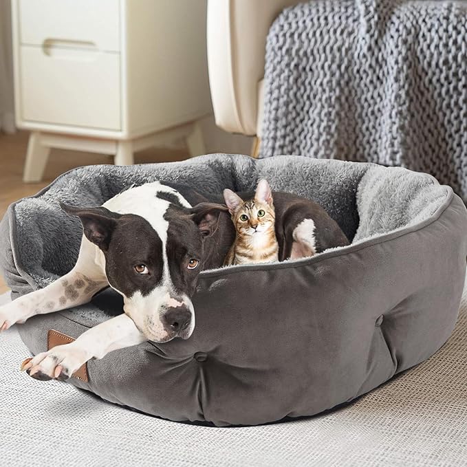 Asvin Large Dog Bed for Large Dogs, Cat Beds for Indoor Cats, Pet Bed for Puppy and Kitty, Extra Soft & Machine Washable with Anti-Slip & Water-Resistant Oxford Bottom, Grey, 35 inches