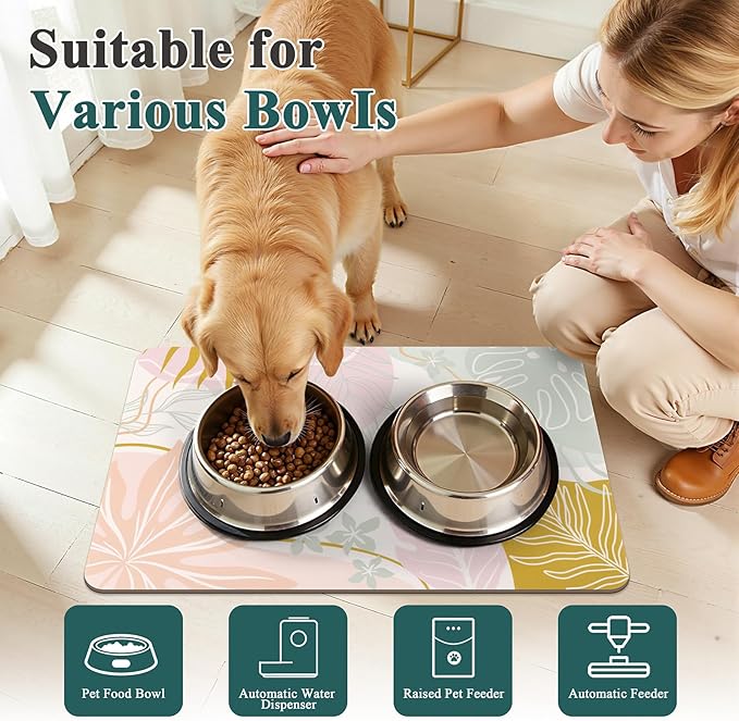 Topotdor Boho Dog Food Mat - Absorbent Quick-Dry Cat Bowl Mat for Food and Water, Non-Slip Pet Feeding Placemat for Messy Drinkers Dog Accessories Pet Supplies, 12"x20", Pink