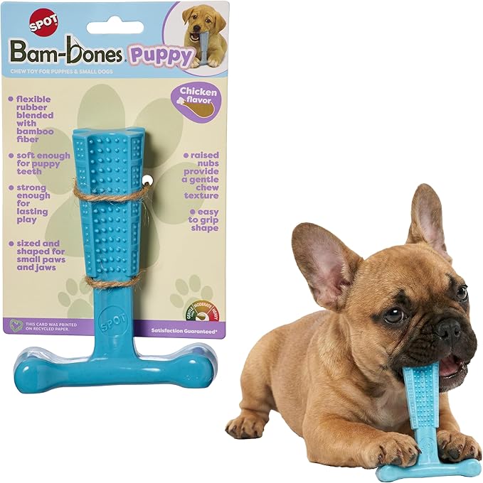 SPOT Bam-Bones Puppy T-Bone Dog Chew Toy, Chicken Flavor, 6 Inch, Bamboo Fiber & Flexible Rubber, Easy Grip Design for Gentle Chewers, Small Dogs & Puppies