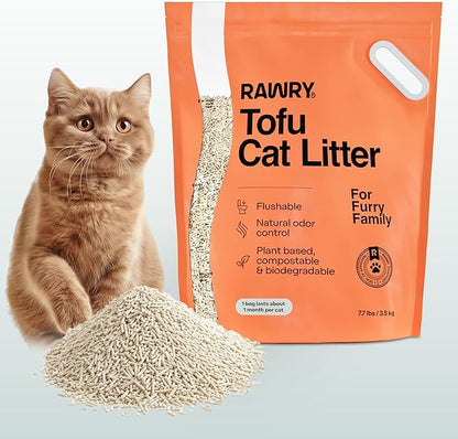 RAWRY Tofu Cat Litter | Clumping, Dust-Free, Unscented, Natural Compostable & Flushable Kitty Litter for Odor Control (1 Month, 7.7 lbs)