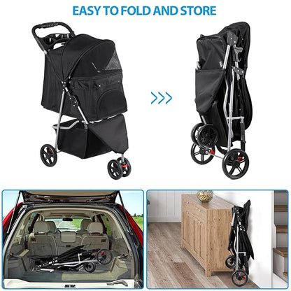 Foldable Pet Stroller for Cats and Dogs 3 Wheels Carrier Strolling Cart with Weather Cover, Storage Basket + Cup Holder (Black)