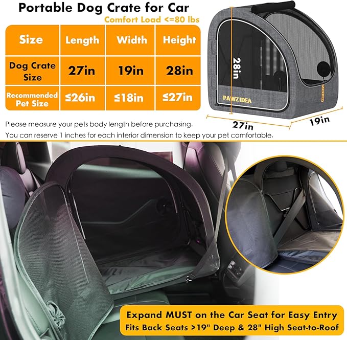 PAWZIDEA Portable Dog Crate for Car Travel, Collapsible Pet Travel Crates for Medium & Large Dogs, Enclosed Soft-Sided Car Kennel Carrier for Backseat, Secures w/Seatbelt & Headrest Strap, Chew-Proof