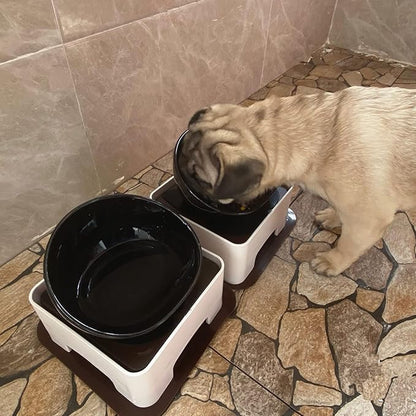 Ceramic Bulldog Bowl Dog Feeding Bowl - Dog Dish Wide Mouth Pet Sterile Tilted Pet Feeder with Anti-Skid Rubber Mat for Small Medium Dogs (Black)