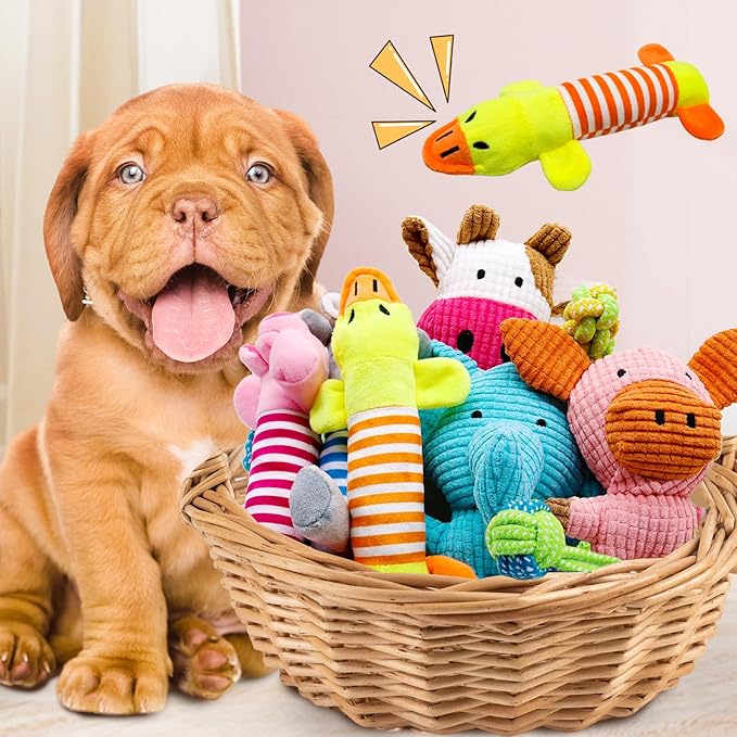 12 Pack Dog Squeaky Toys, Interactive Plush Chew Toys with Rope, Puppy Teething Toys Bundle for Small & Medium Dogs, Cute Soft Dog Toys to Keep Pets Busy