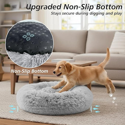 JOLLYVOGUE Calming Dog Bed Medium Size Dog, 31in Donut Washable Medium Pet Bed, Anti-Slip & Anti-Anxiety Fluffy Faux Fur Round Dogs Bed, Fits up to 45 lbs Pets (Smoke Grey)