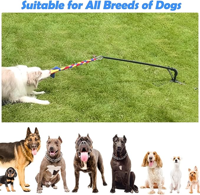 Tether Outdoor Dog Toy,Interactive Exercise Game in Yard Park Tug of War for Large Medium Small Dog Puppy with 2 Rope Toy and Bell Pull Chase and Solo Play