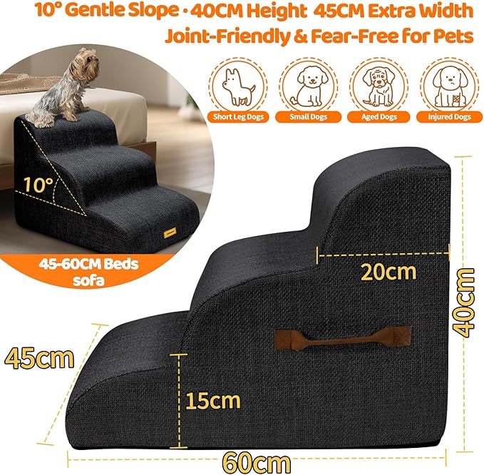 Gimars 30D High-Density Foam & Extra-Wide, Stable 3-Step Dog Stairs, 40cm High Pet Stairs with Washable Cover & Non-Slip Base, Portable Ramp for Small Dogs to Sofa, Bed, Couch, Car