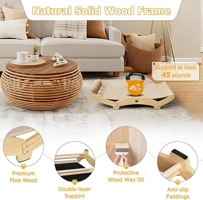 Extra-Larger Sisal Cat Scratcher Bed with Ball, 3-in-1 Cat Scratching Pad with Hammock, Natural Sisal with Solid Wood Frame Cat Scratch Post for Indoor Cats Lounger & Sleep & Scratch(Natural)