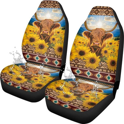 Sunflower Highland Cow Car Seat Covers Elastic Fabrics Waterproof Car Seat Cover Easy to Install Auto Interior Accessories 2 Pcs Set for SUV, Vans,Sedan,Truck